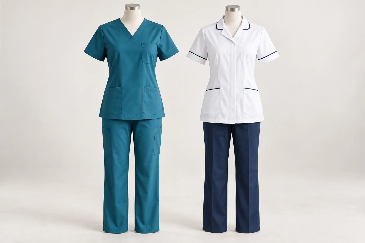 Teal scrubs and a white nursing tunic with navy trousers on dress forms