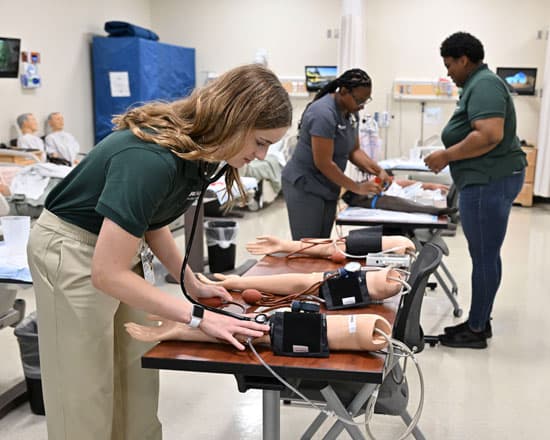 Illustrative open clinical skills lab with learners using simulators